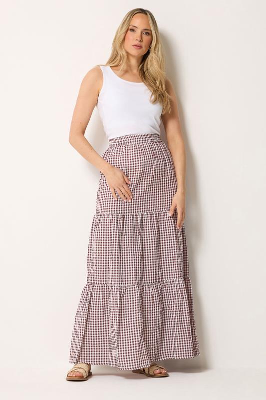 LTS Tall Burgundy Red & White Gingham Cotton Maxi Skirt