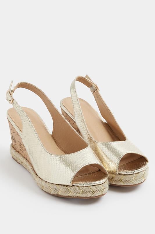  Yours Gold Faux Leather Snake Wedge Sandals In Wide E Fit