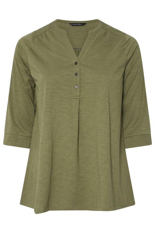 EVANS Plus Size Khaki Green Pleat Front Henley Top | Evans 5