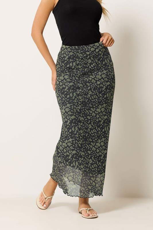  M&Co Khaki Green Abstract Print Mesh Maxi Skirt