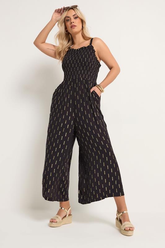 YOURS Plus Size Black Crinkle Metallic Wide Leg Jumpsuit | Yours Clothing 1