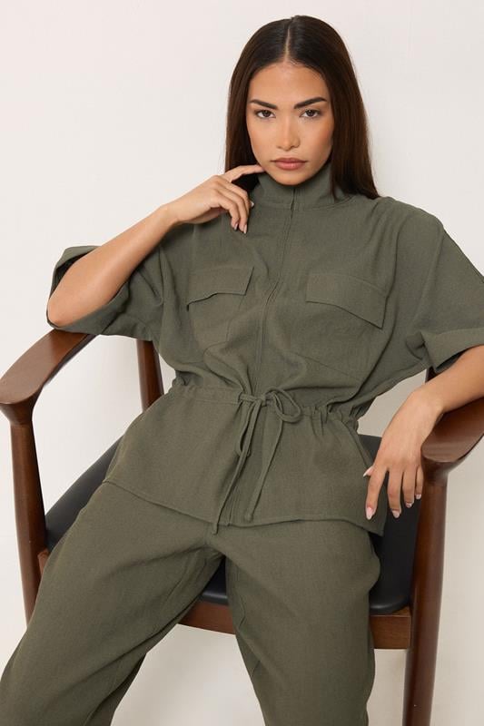 PixieGirl Petite Khaki Green Funnel Neck Shacket