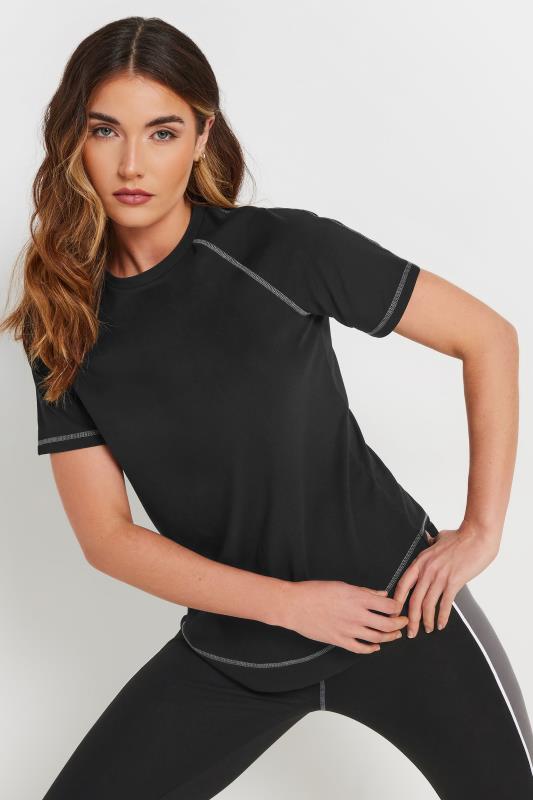 LTS Tall Black Active Curved Hemline Stitched T-Shirt | Long Tall Sally 1