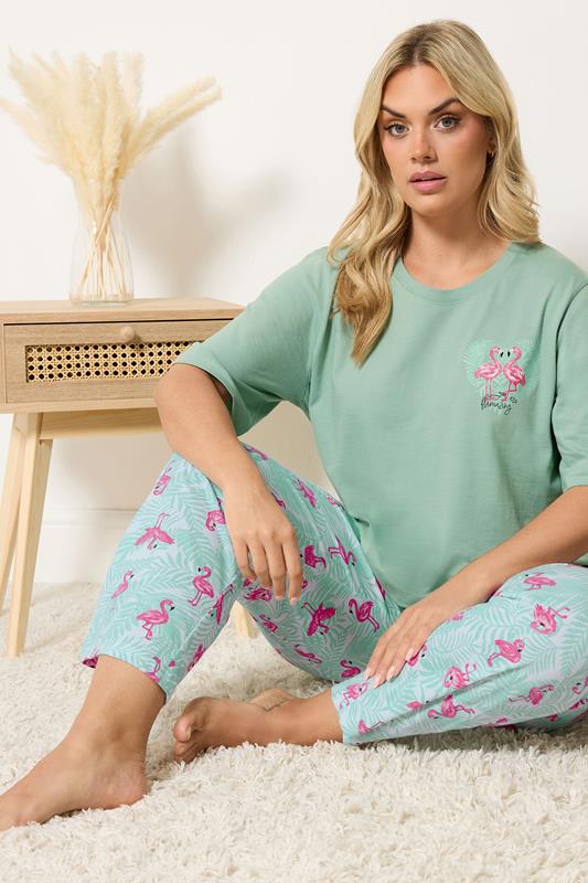 YOURS Curve Green Flamingo Pyjama Set