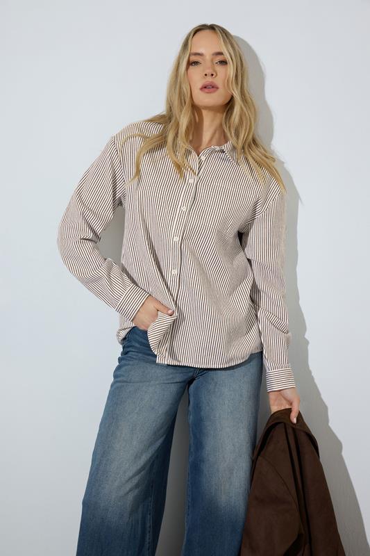 LTS Tall Women's Chocolate Brown & White Stripe Cotton Shirt | Long Tall Sally 1