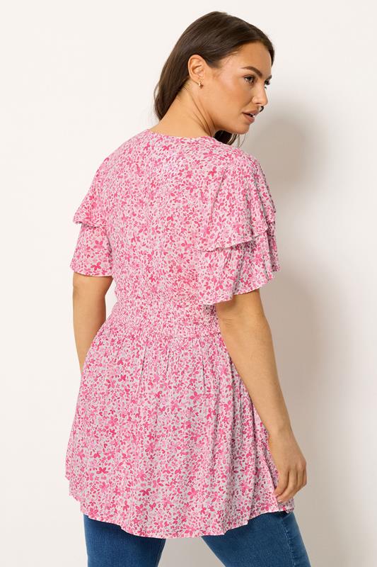 YOURS Plus Size Pink Ditsy Print Flutter Sleeve Top | Yours Clothing 2
