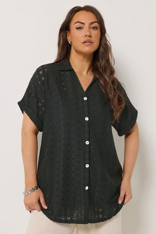 YOURS Curve Black Broderie Anglaise Grown-On Sleeve Shirt