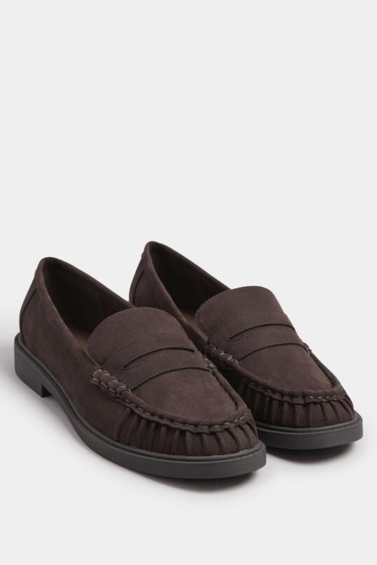 Yours Chocolate Brown Faux Suede Ruched Front Loafers In Extra Wide EEE Fit