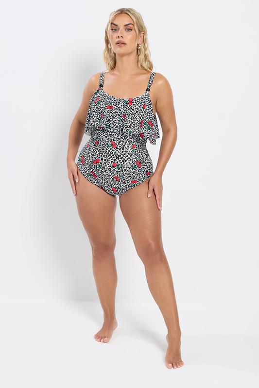 YOURS Plus Size White Leopard Print Frill Swimsuit | Yours Clothing 1