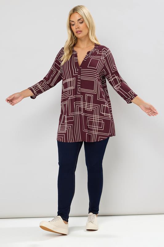 YOURS Plus Size Burgundy Red Abstract Half Placket Shirt | Yours Clothing 1