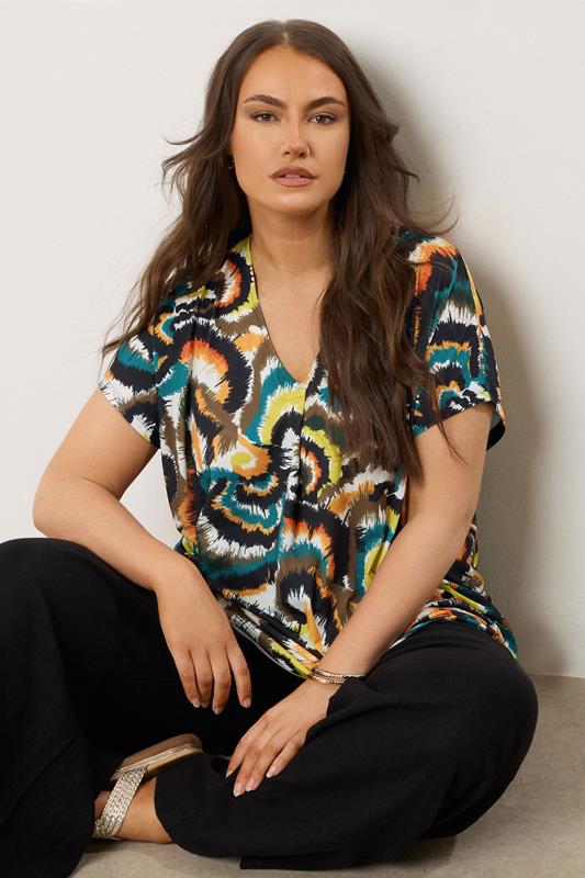 EVANS Curve Dark Green Smudge Print Angel Sleeve Jersey Top