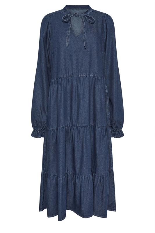PixieGirl Petite Women's Dark Blue Tie Neck Tiered Cotton Dress | PixieGirl 6