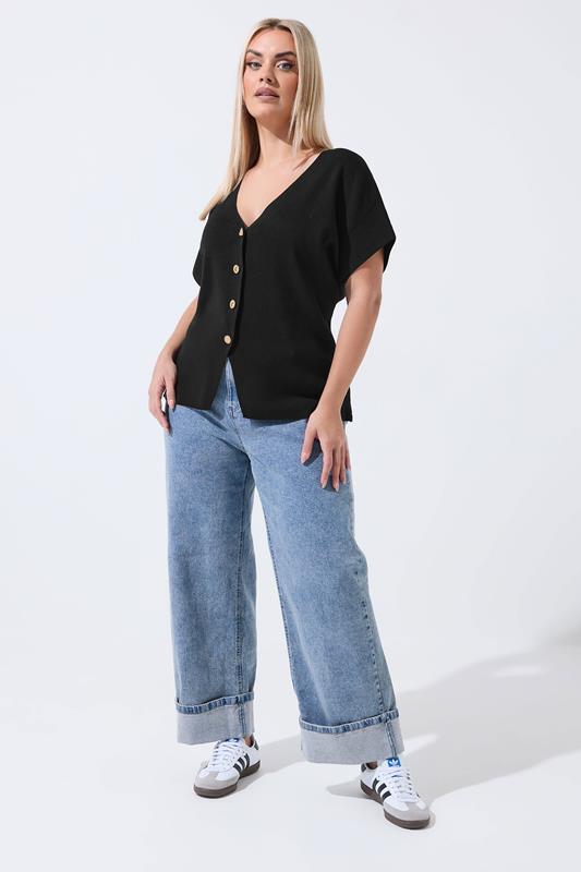 LIMITED COLLECTION Plus Size Black Short Sleeve Knitted Top | Yours Clothing 1