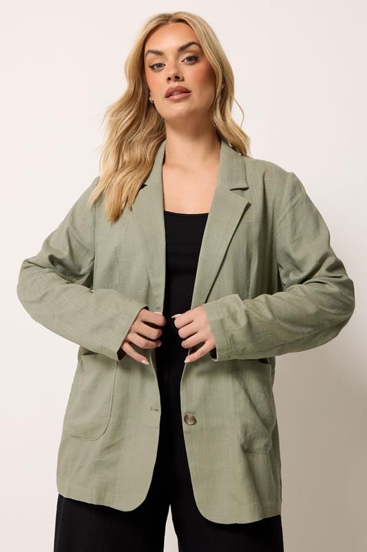 YOURS Curve Khaki Green Relaxed Linen Blazer