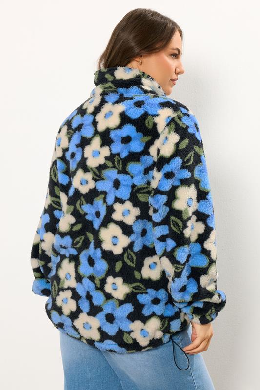 YOURS Plus Size Black & Blue Floral Fleece Jacket | Yours Clothing 4