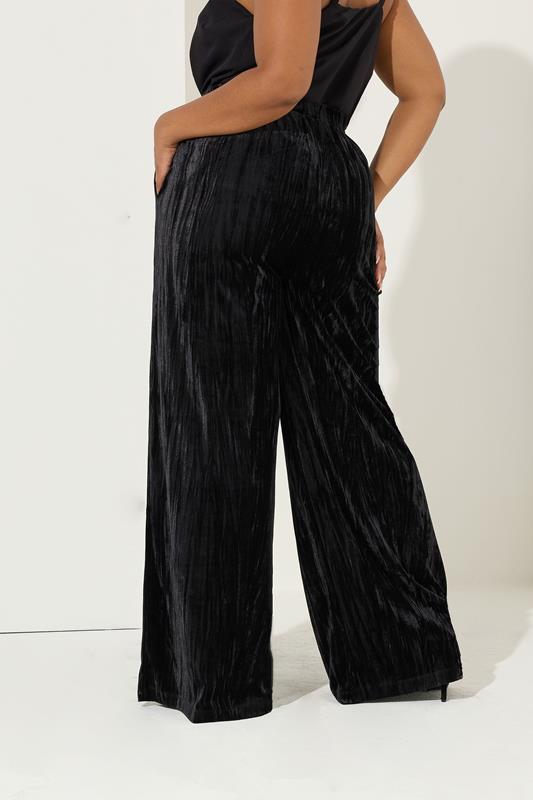 YOURS Plus Size Black Crushed Velour Wide Leg Trousers | Yours Clothing 4
