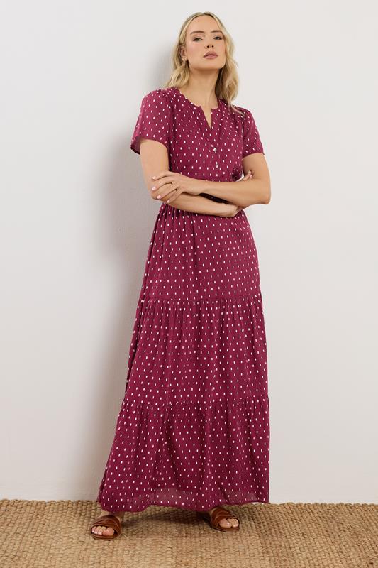 LTS Tall Women's Wine Red Dobby Spot Tiered Maxi Dress | Long Tall Sally 1