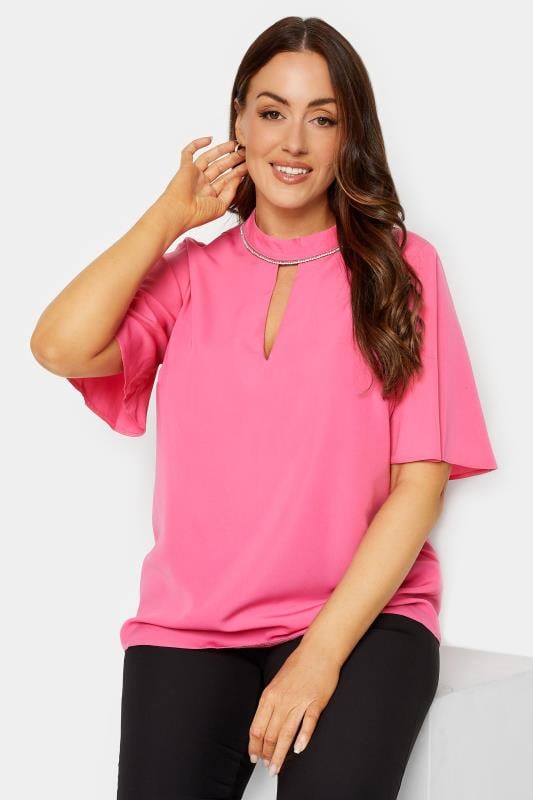 M&Co Hot Pink Embellished Neck Keyhole Blouse | M&Co 1