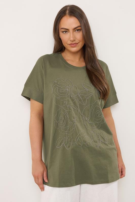 EVANS Curve Khaki Green Floral Chain Detail Cotton T-Shirt