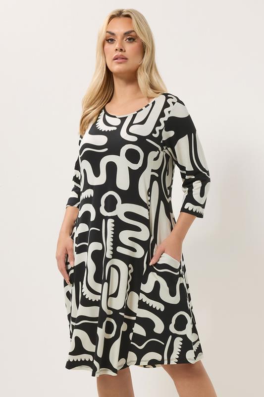 YOURS Plus Size Black Abstract Geometric Tunic Dress | Yours Clothing 1