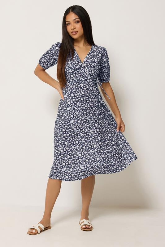 M&Co Petite Navy Blue Floral Print Midi Wrap Dress | M&Co 1