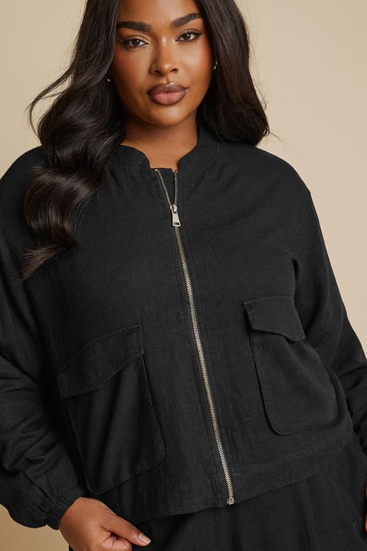 YOURS Plus Size Black Linen Bomber Jacket | Yours Clothing 5
