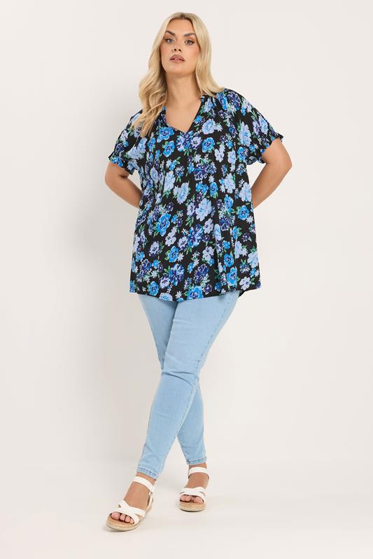 YOURS Plus Size Black & Blue Floral Notch Neck Blouse | Yours Clothng 1