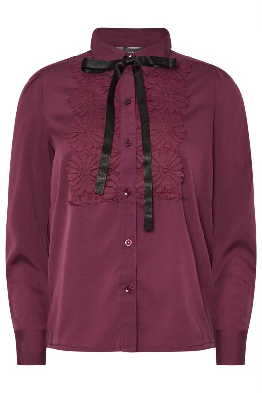 PixieGirl Petite Women's Burgundy Red Lace Trim Tie Neck Shirt | PixieGirl 6