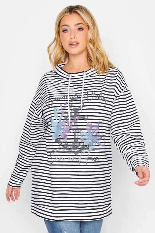 YOURS Plus Size Curve White & Black Stripe Anchor Print Sweatshirt | Yours Clothing  1