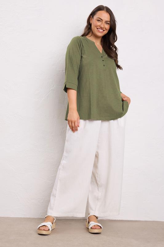 EVANS Plus Size Khaki Green Pleat Front Henley Top | Evans 1
