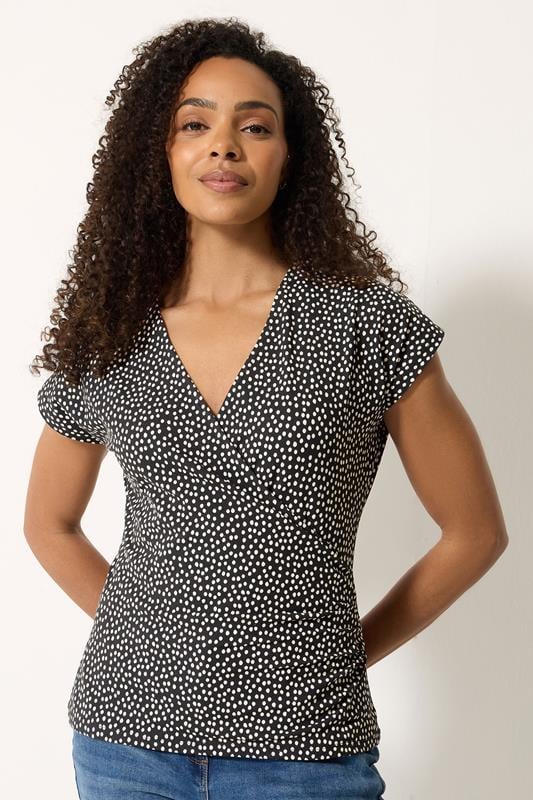 M&Co Black And White Polka Dot Grown-On Sleeve Wrap Top