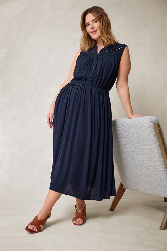 EVANS Plus Size Navy Blue Sleeveless Macrame Midi Dress | Evans 1