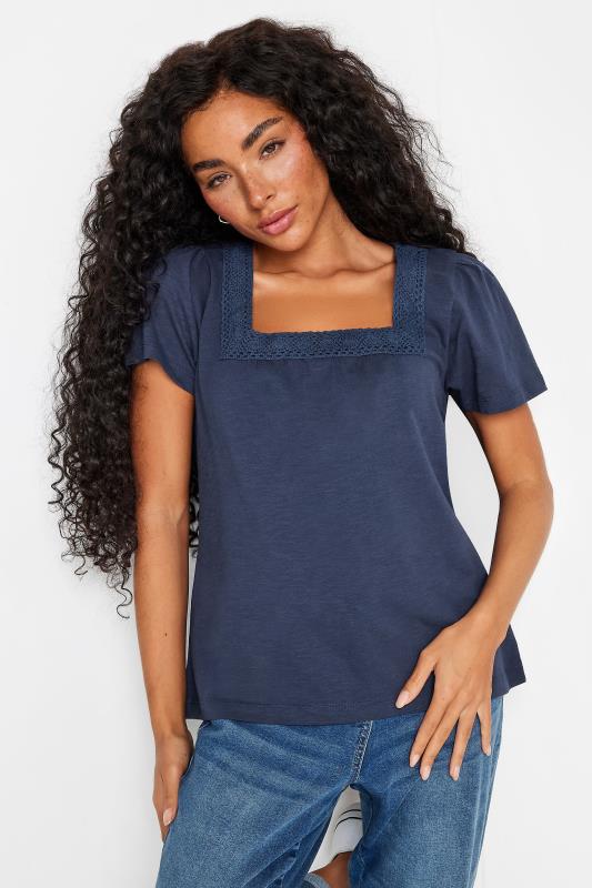 Women's  M&Co Petite Navy Blue Square Neck Short Sleeve Top