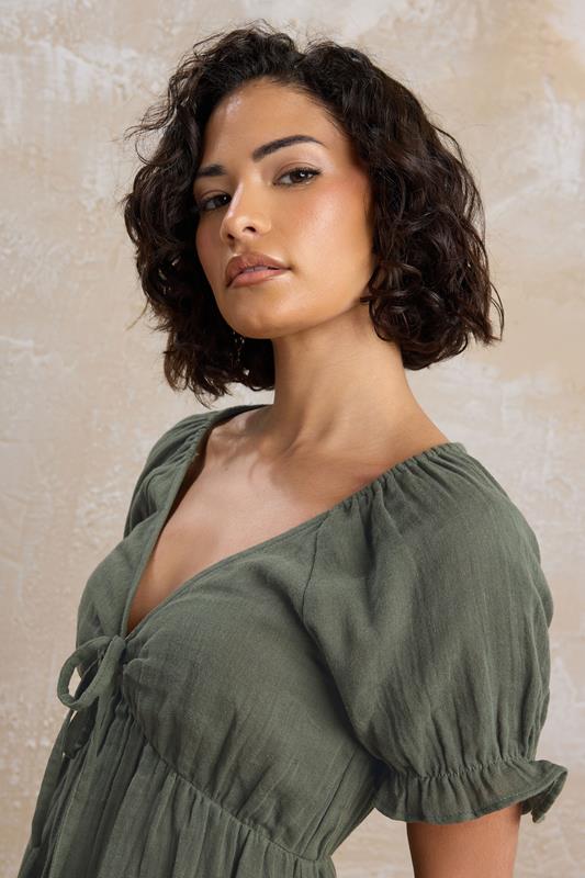 PixieGirl Petite Women's Khaki Green Tie Front Cotton Mini Dress | PixieGirl 5