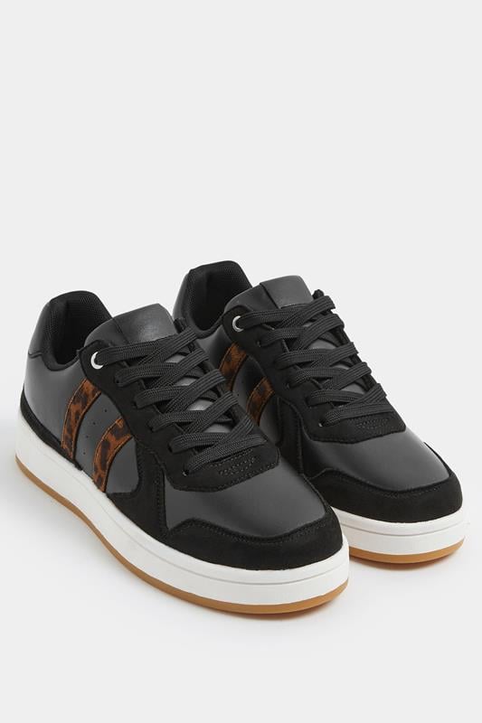  Yours Black Leopard Print Padded Lace Up Trainers In Wide E Fit