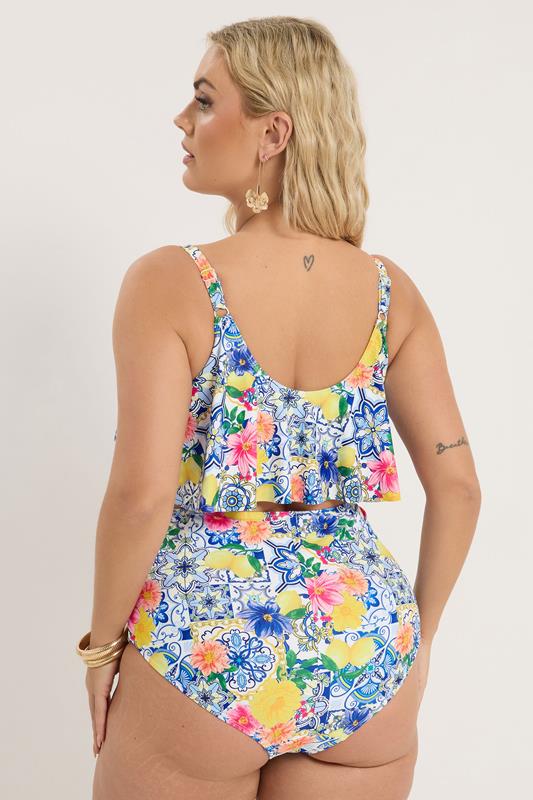 YOURS Plus Size Blue Mediterranean Tile Frill Bikini Top | Yours Clothing 4