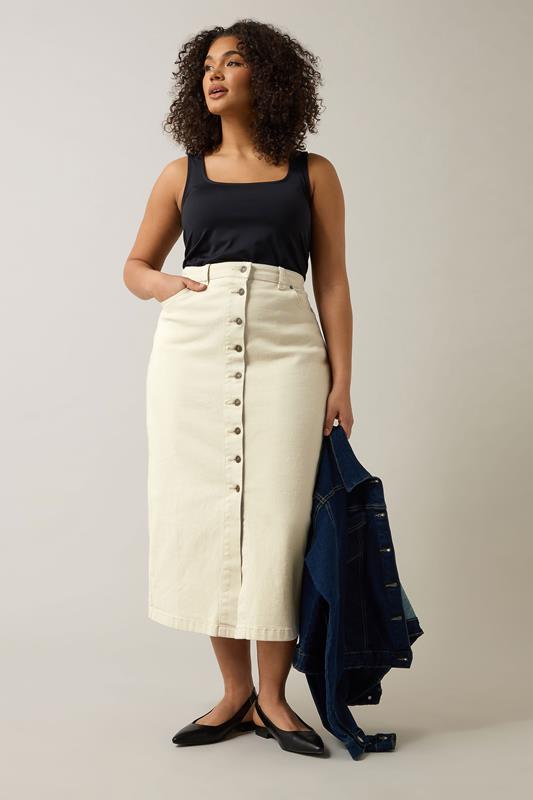 EVANS Plus Size Cream Button Through Denim Maxi Skirt | Evans 2
