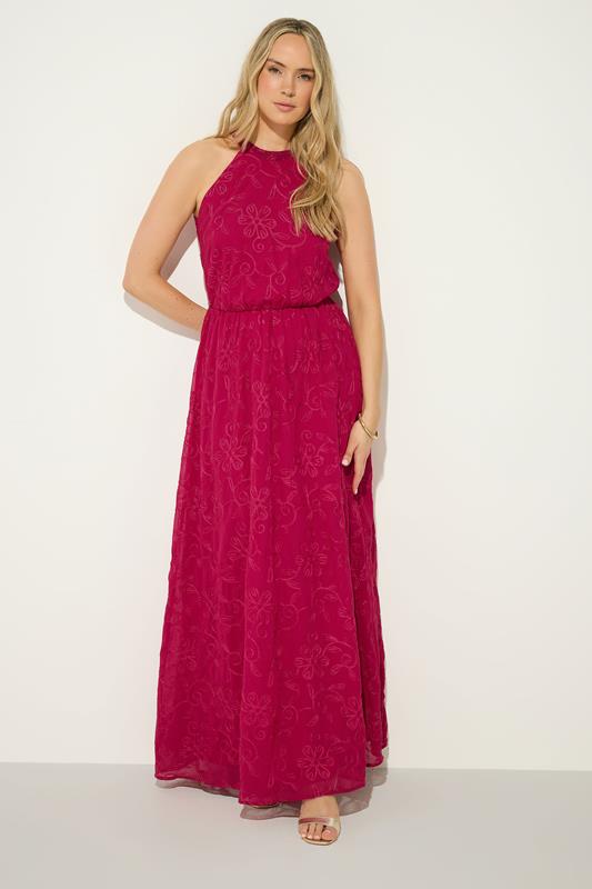 LTS Tall Berry Red Embroidered Halterneck Maxi Dress