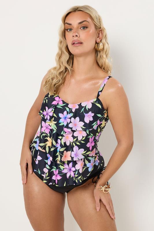 YOURS Curve Black Pastel Floral Tankini Top
