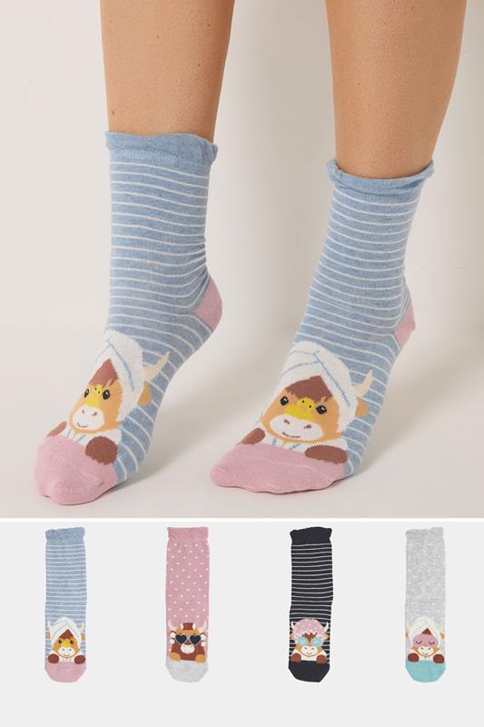 YOURSET 4 PACK Plus Size Blue & Pink Spa Cow Ankle Socks | Yours Clothing 1
