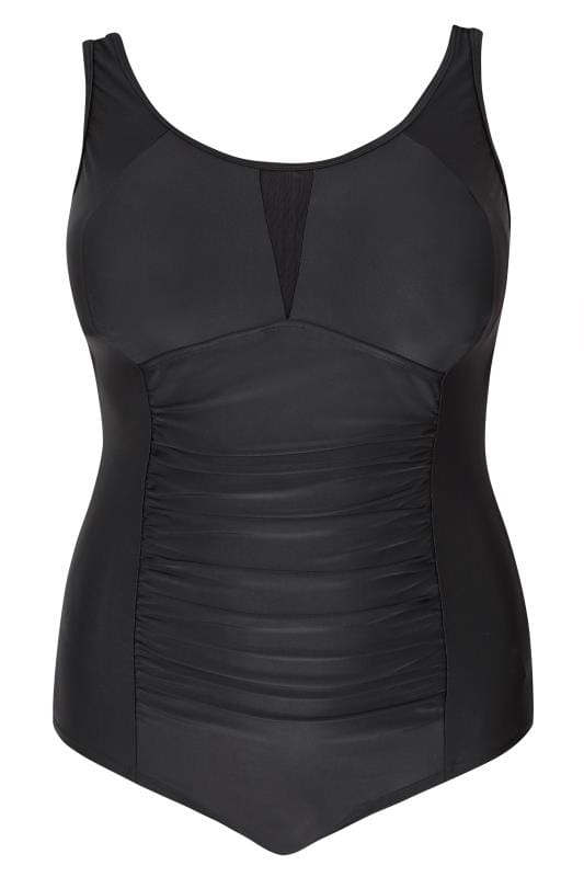 Plus Size Black Ruched Mesh Tummy Control Swimsuit  | Yours Clothing 5