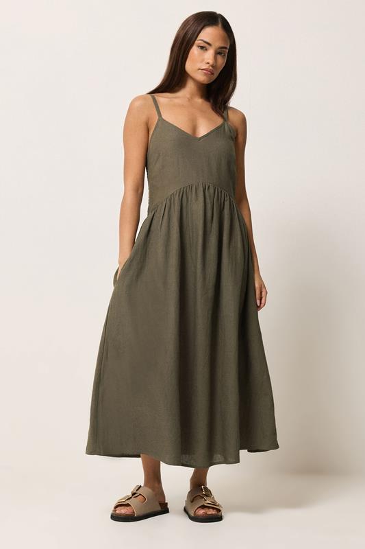 PixieGirl Petite Women's Chocolate Brown Strappy Linen Midi Dress | PixieGirl 1