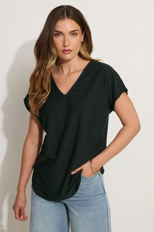 LTS Tall Black Shadow Stripe V-Neck Boxy Top
