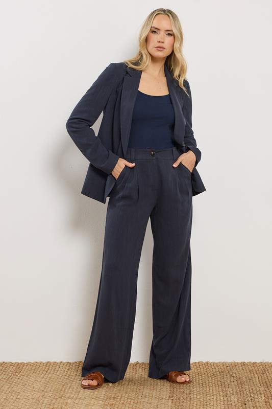 LTS Tall Navy Blue Linen Pleated Wide Leg Trousers