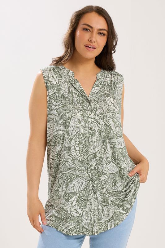 YOURS Plus Size Ivory White Leaf Print Sleeveless Blouse | Yours Clothing 1