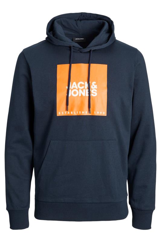JACK & JONES Big & Tall Navy Blue & Orange Printed Logo Hoodie | BadRhino 2