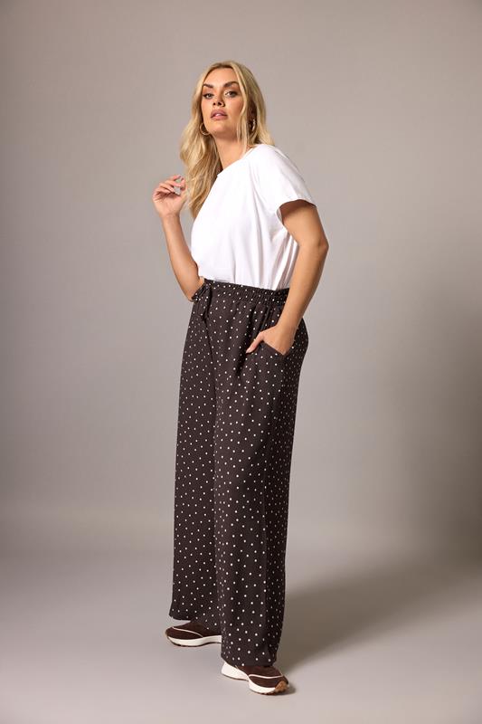 YOURS Curve Chocolate Brown Polka Dot Wide Leg Trousers