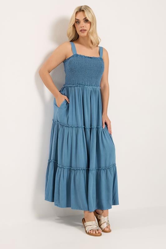  YOURS Curve Blue Shirred Strappy Chambray Maxi Dress
