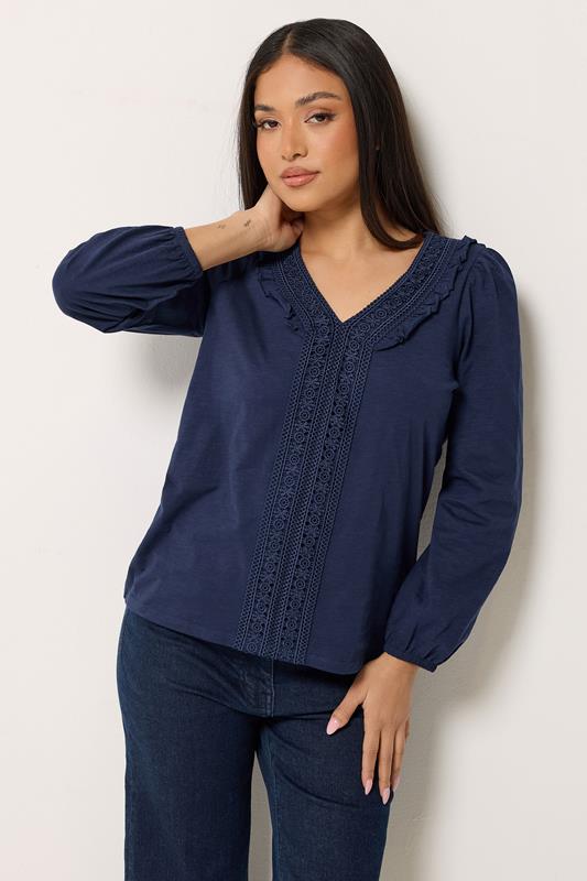  M&Co Petite Navy Blue Frill Cotton Blouse