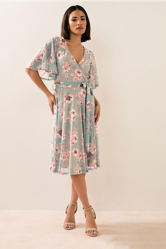 PixieGirl Petite Women's Sage Green Mesh Floral Wrap Midi Dress | PixieGirl 1